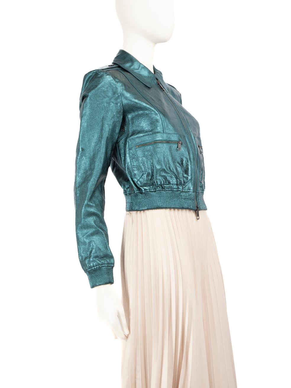 CONDITION is Very good. Minimal wear to jacket is evident. Small abrasion to the left cuff and light tarnishing to the main zip pull on this used Burberry Brit designer resale item.
 
 Details
 Metallic teal
 Leather
 Bomber jacket
 Long sleeves
