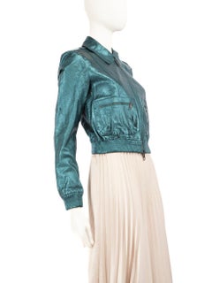 Burberry Metallic Teal Leather Bomber Jacket Size M
