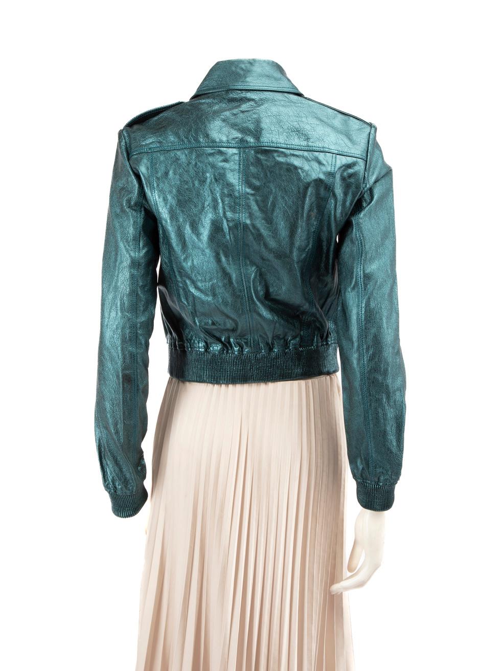 Gray Burberry Metallic Teal Leather Bomber Jacket Size M
