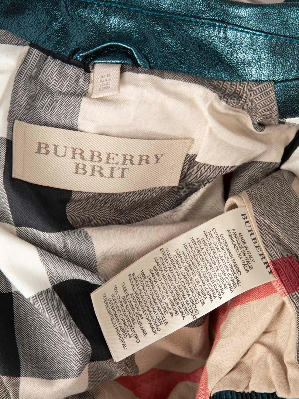 Burberry Metallic Teal Leather Bomber Jacket Size M 3