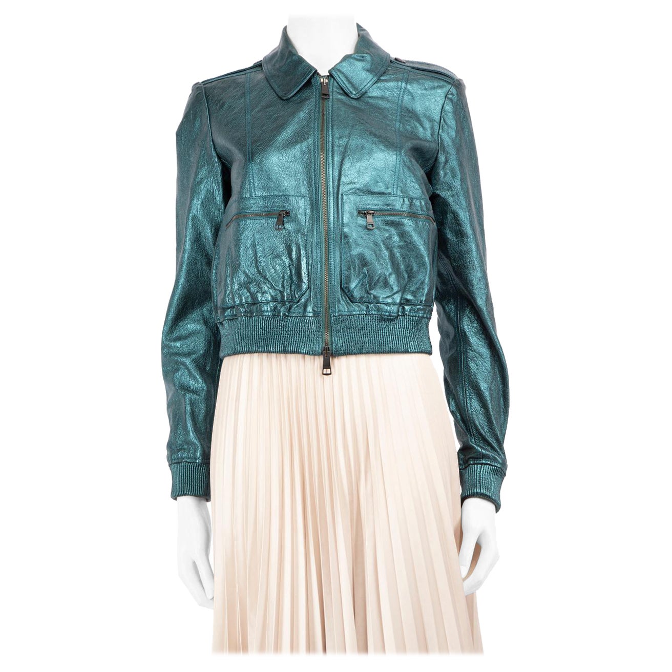 Burberry Metallic Teal Leather Bomber Jacket Size M