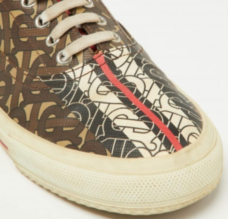Beige Burberry Multicolore Brown TB Monogram Coated Canvas Sneakers Size 42 en vente