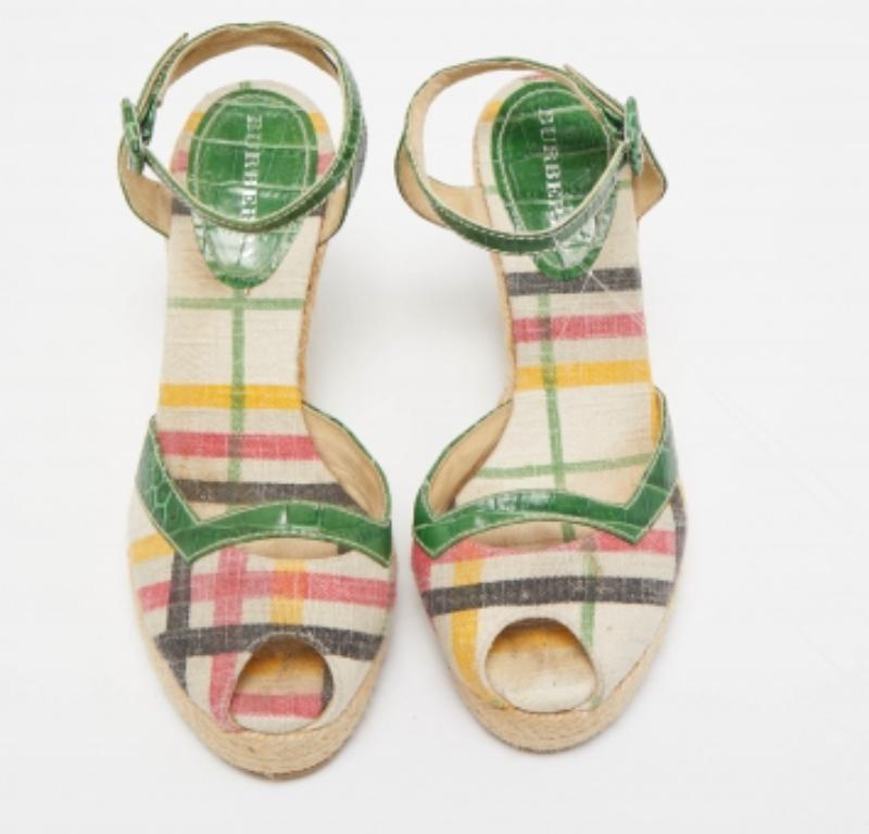 Beige Burberry Multicolor Canvas and Croc Embossed Leather Wedge Sandals Size 40