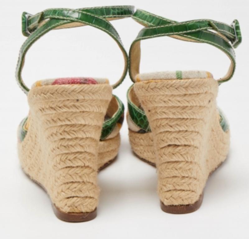 Burberry Multicolor Canvas and Croc Embossed Leather Wedge Sandals Size 40 1