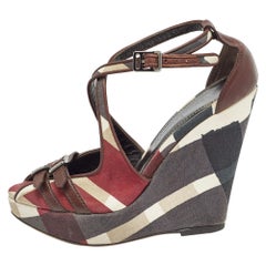 Burberry Multicolor Canvas and Leather Check Wedge Sandals Size 36