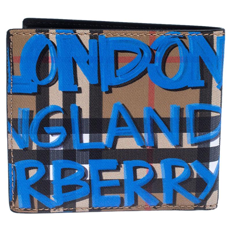 Burberry Card Case Graffiti Print Vintage Check Leather Black/Blue