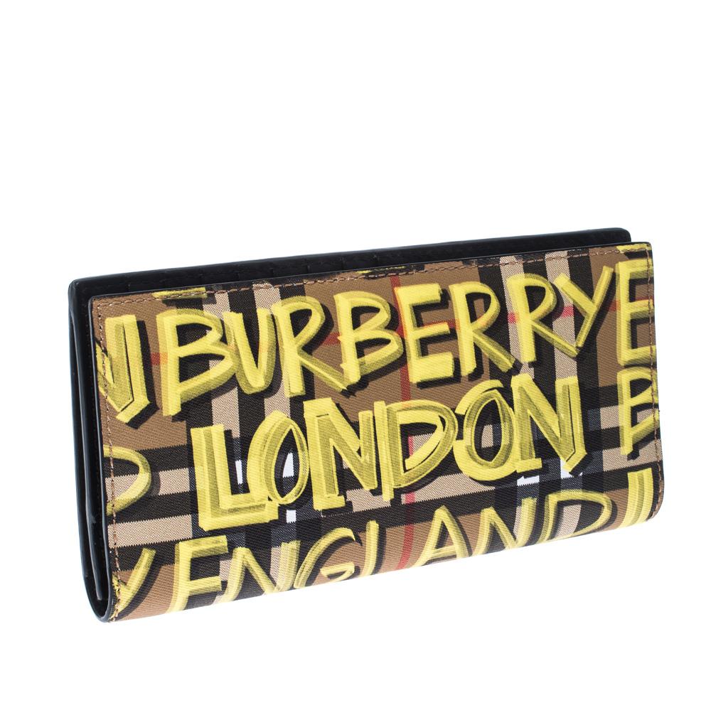 Brown Burberry Multicolor Graffiti Print Vintage Check Coated CanvasBifold Long Wallet