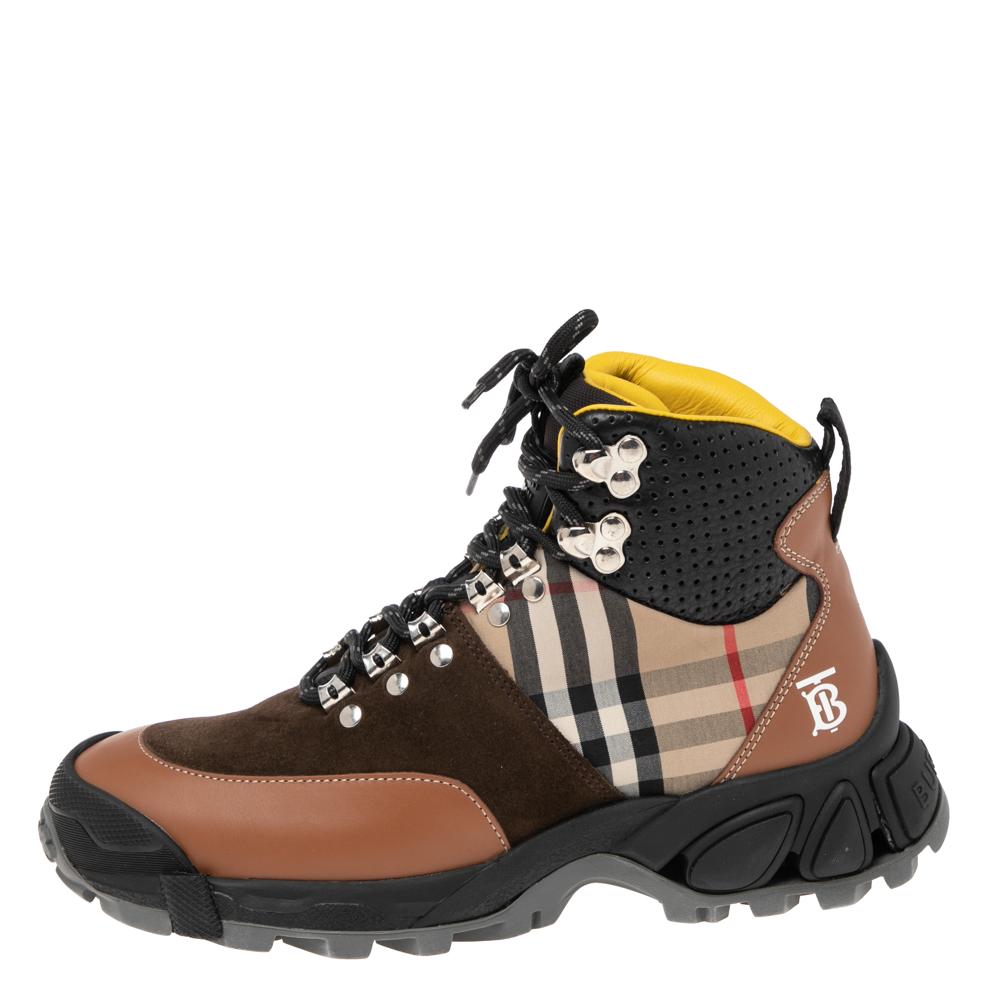 Burberry Multicolor/House Check Canvas And Leather Hiking Boots Size 36 In New Condition In Dubai, Al Qouz 2