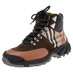 Used Burberry Multicolor/House Check Canvas And Leather Hiking Boots Size 39.5