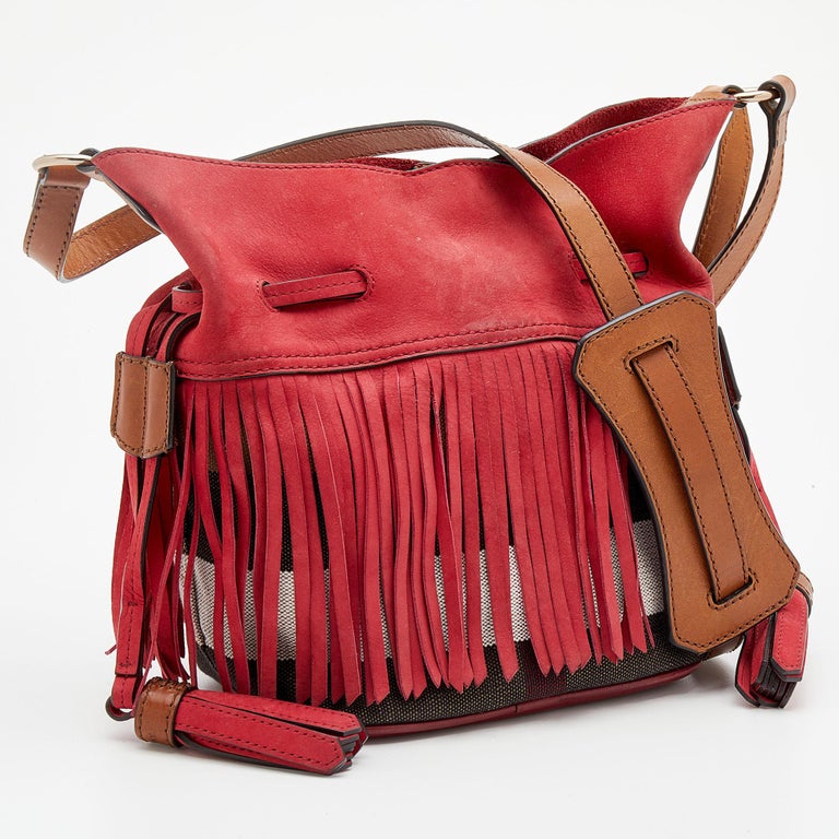 Burberry Leather & Check Canvas Fringe Bucket Bag
