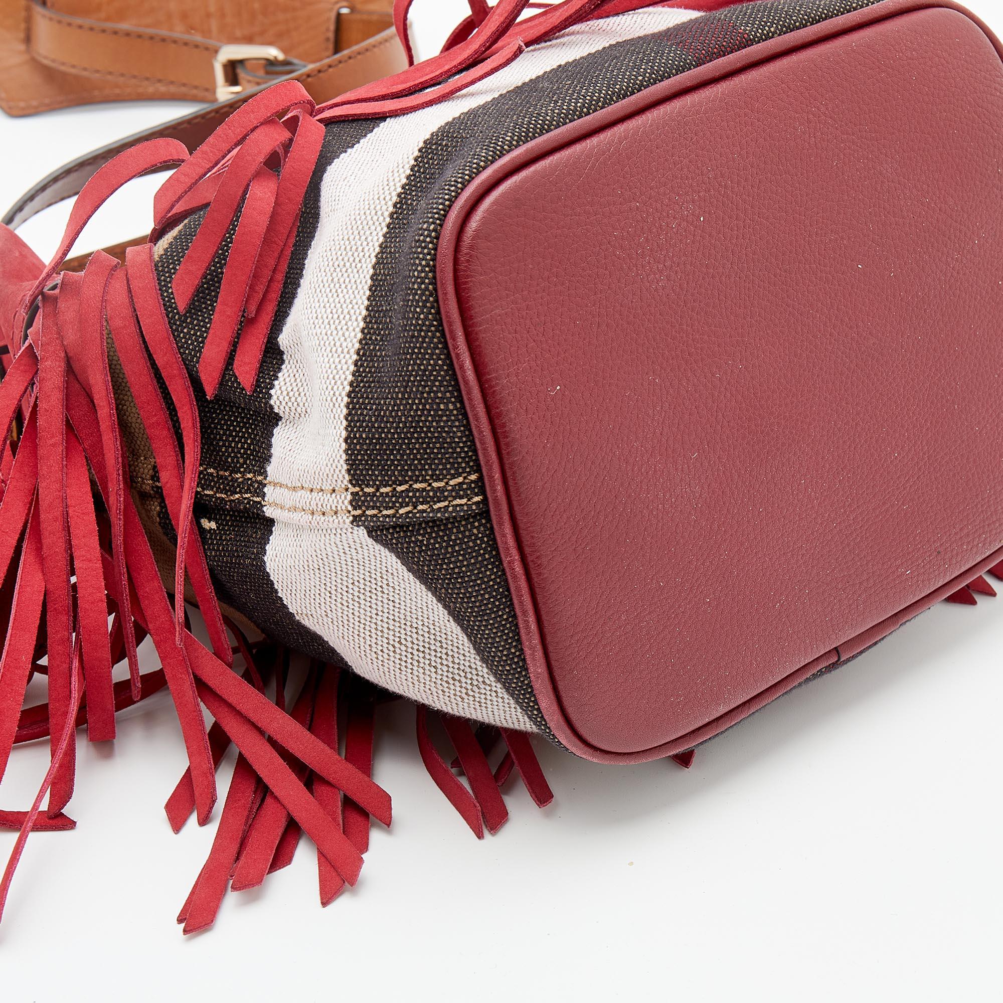 Red Burberry Multicolor Leather And Canvas Fringe Bucket Bag