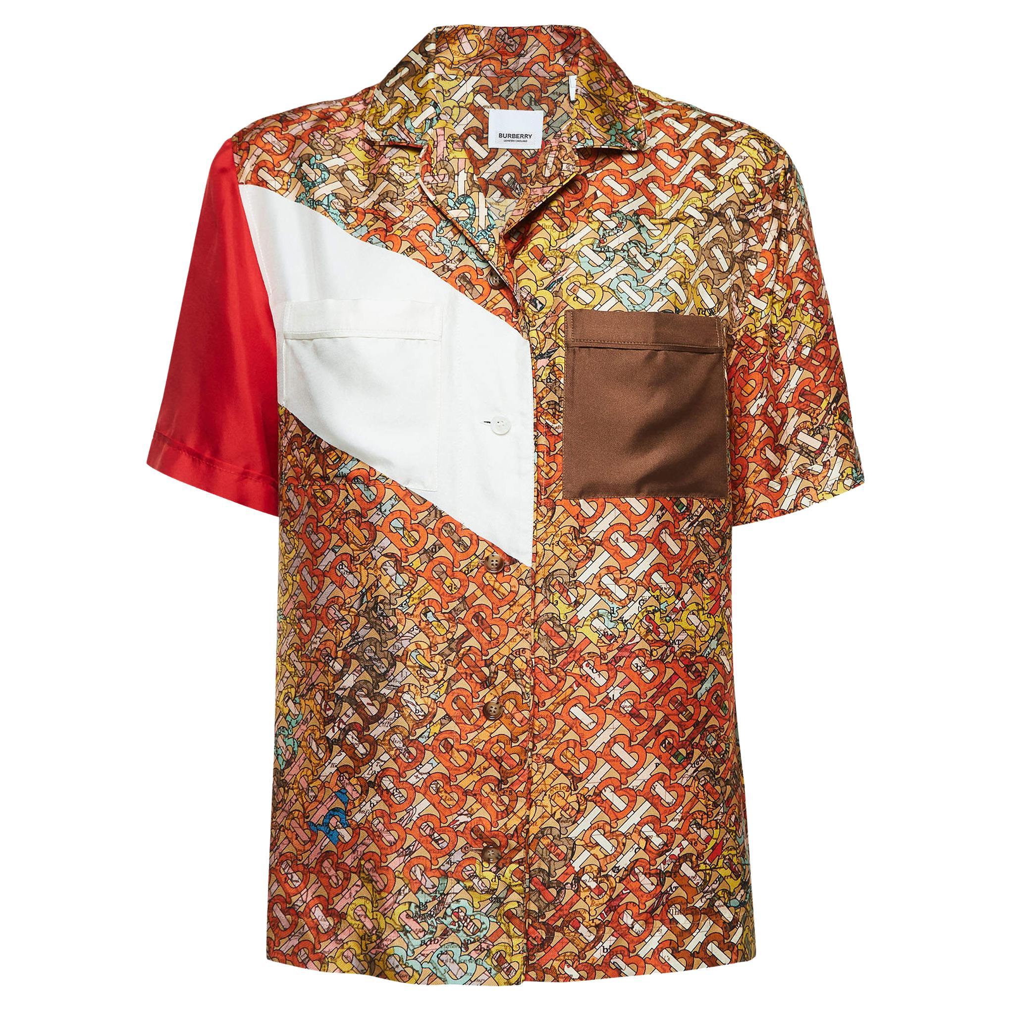 Burberry Multicolor Monogram Print Silk Short Sleeve Shirt S