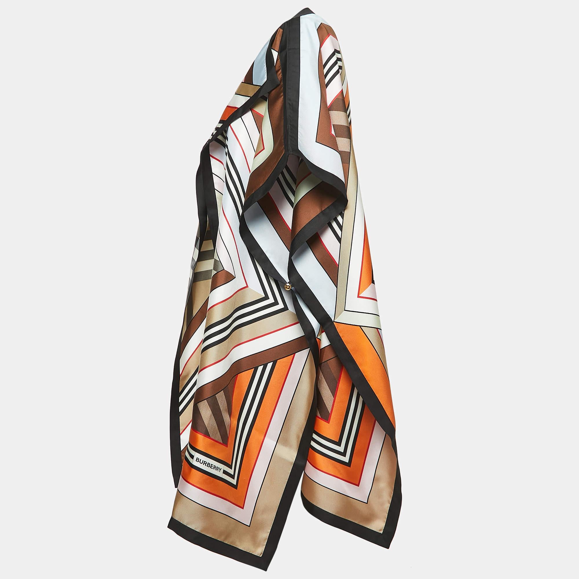 Beige Burberry Multicolor Montage Print Silk Cape Coat One Size
