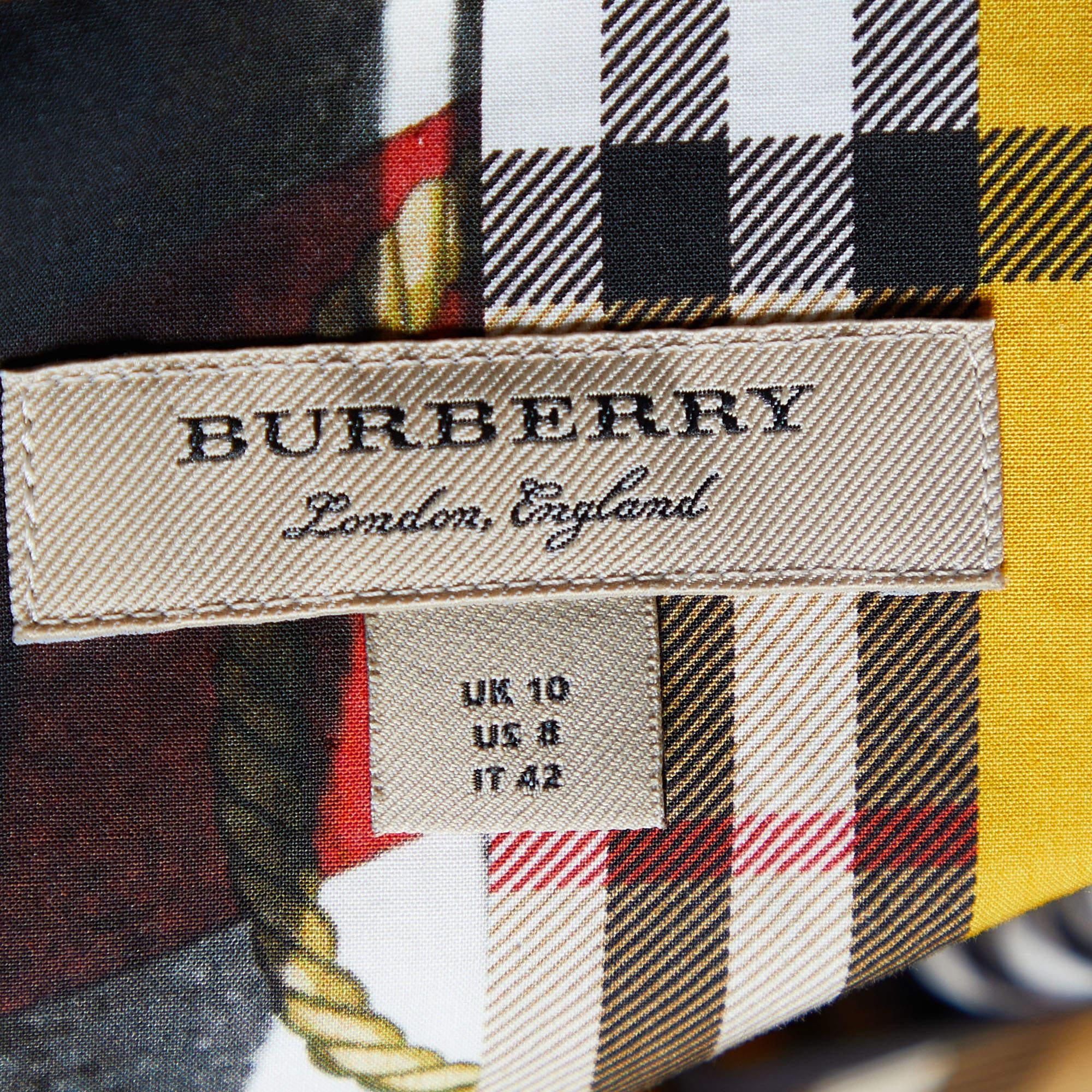 Burberry Multicolor Printed Cotton Belted Sleeveless Midi Dress M In Good Condition In Dubai, Al Qouz 2