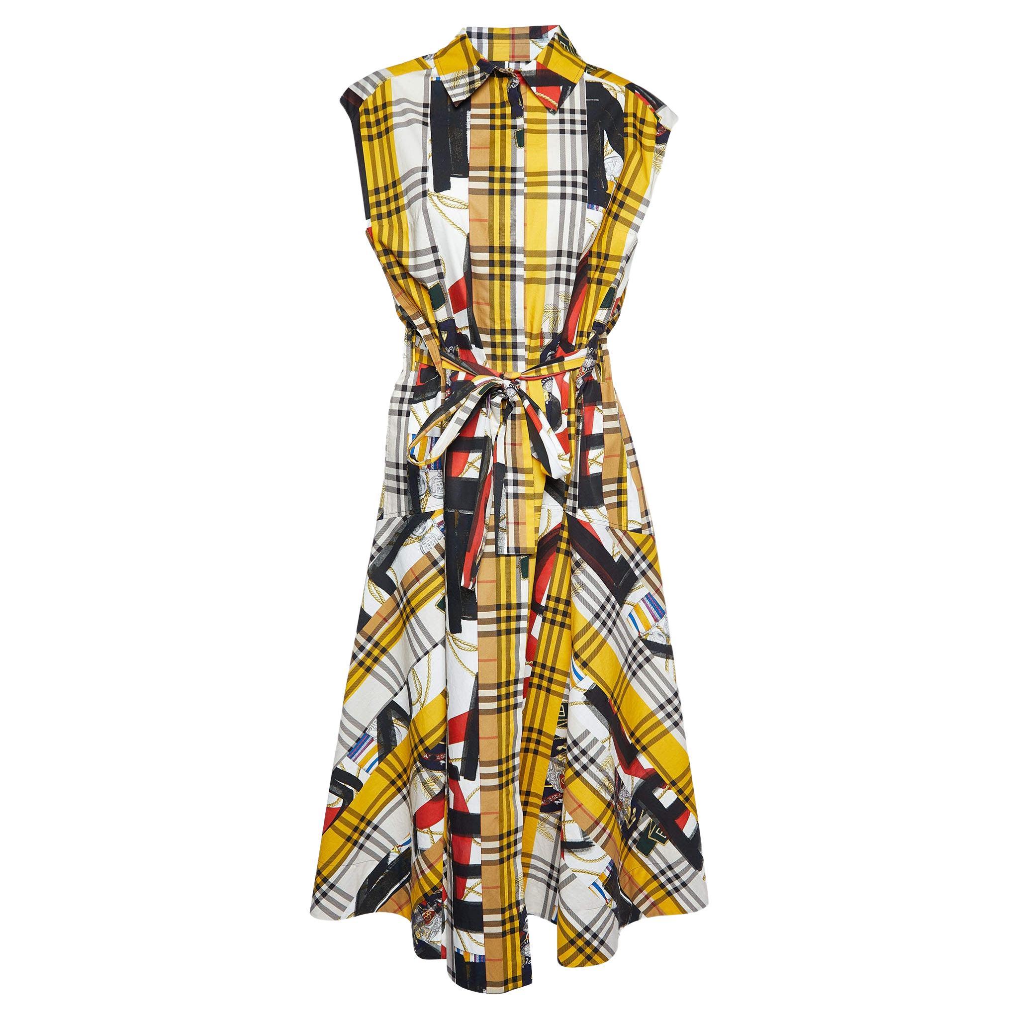 Burberry Multicolor Printed Cotton Belted Sleeveless Midi Dress M