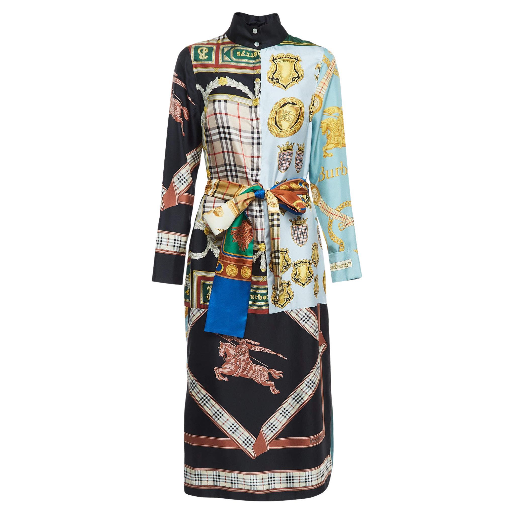 Burberry Multicolor Printed Silk Belted Shirt Dress S For Sale