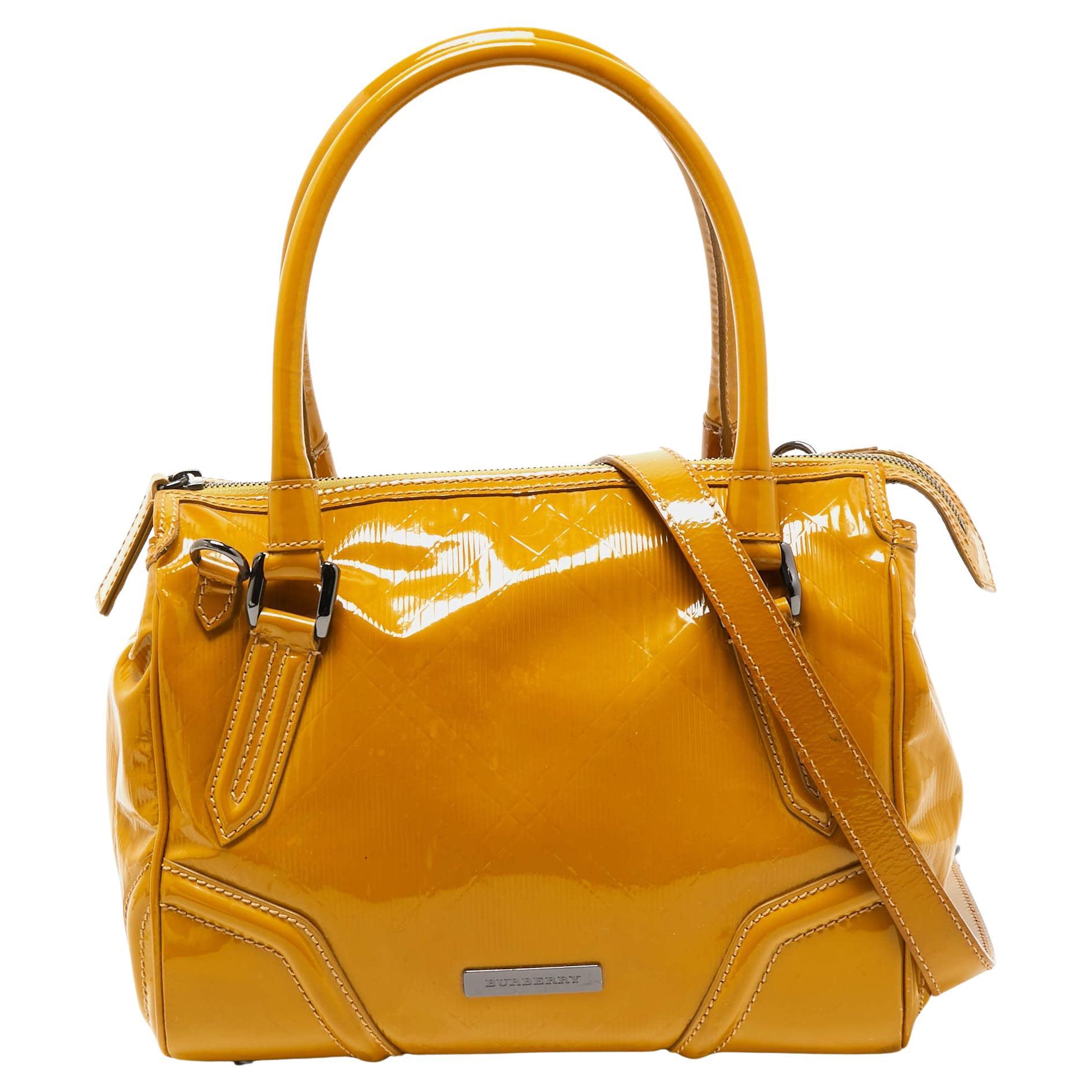 Burberry Mustard Patent Leather Top Zip Tote For Sale