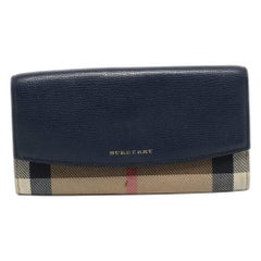 Burberry Navy Blue/Beige House Check Canvas and Leather Flap Continental Wallet