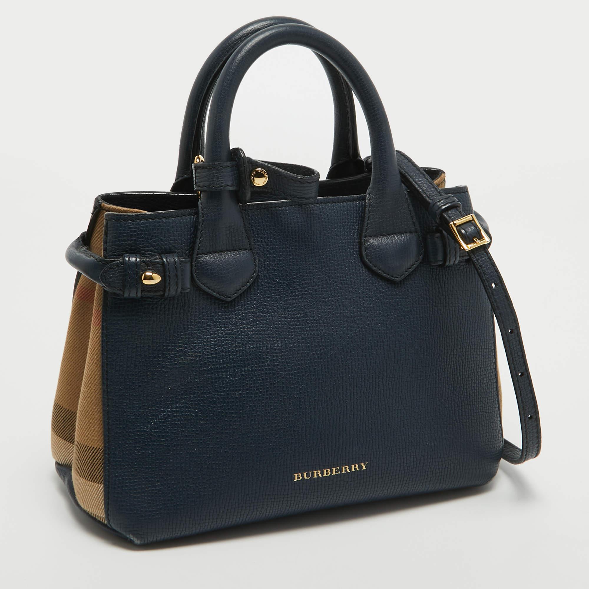 Women's Burberry Navy Blue/Beige House Check Canvas and Leather Mini Banner Tote For Sale