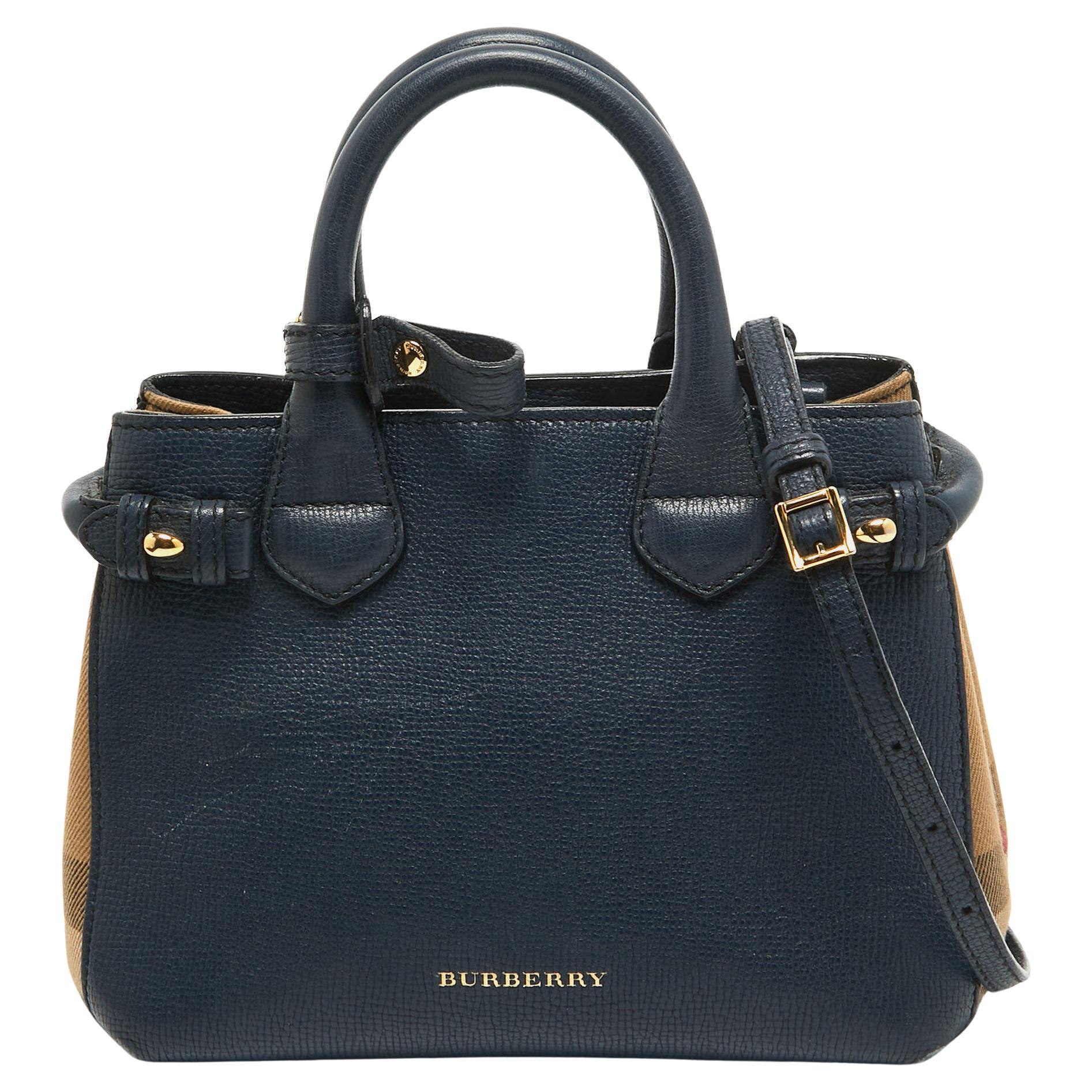 Burberry Navy Blue/Beige House Check Canvas and Leather Mini Banner Tote For Sale
