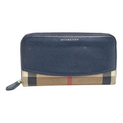 Burberry Navy Blue/Beige House Check Canvas and Leather Zip Continental Wallet