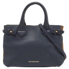 Burberry Navy Blue/Beige House Check Fabric and Leather Small Banner Tote