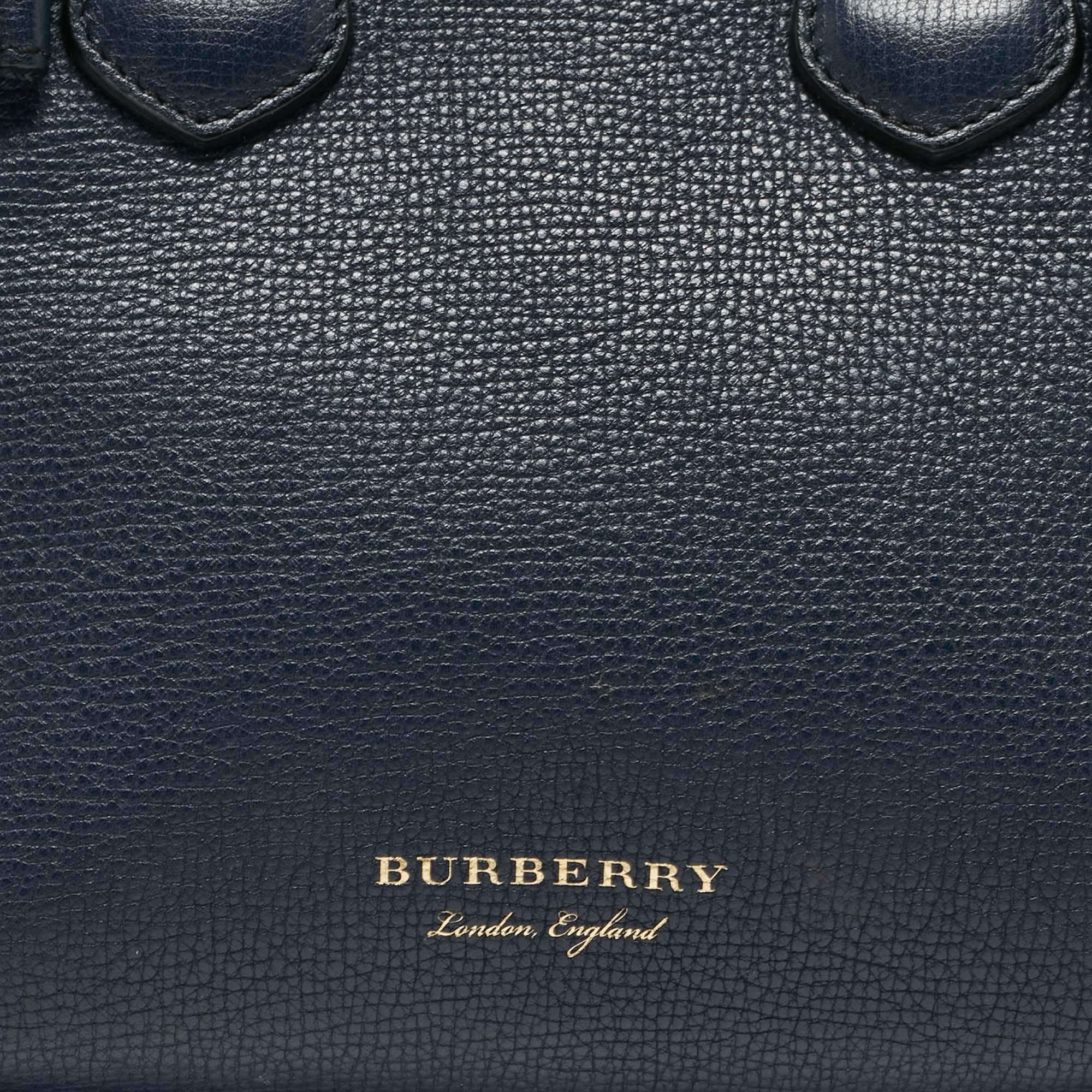 Burberry Navy Blue/Beige Leather and House Check Fabric Mini Banner Tote 8