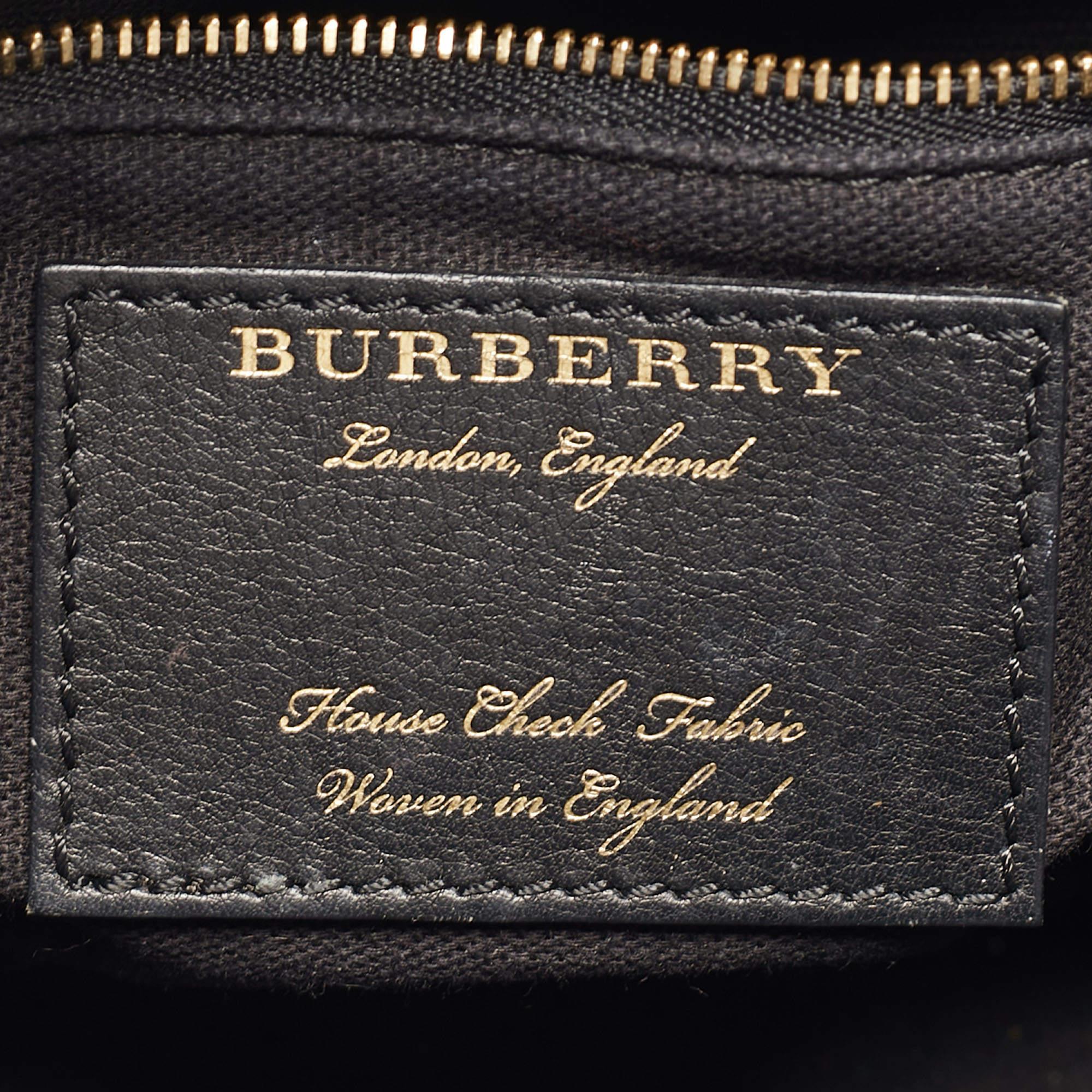 Burberry Navy Blue/Beige Leather and House Check Fabric Mini Banner Tote 12