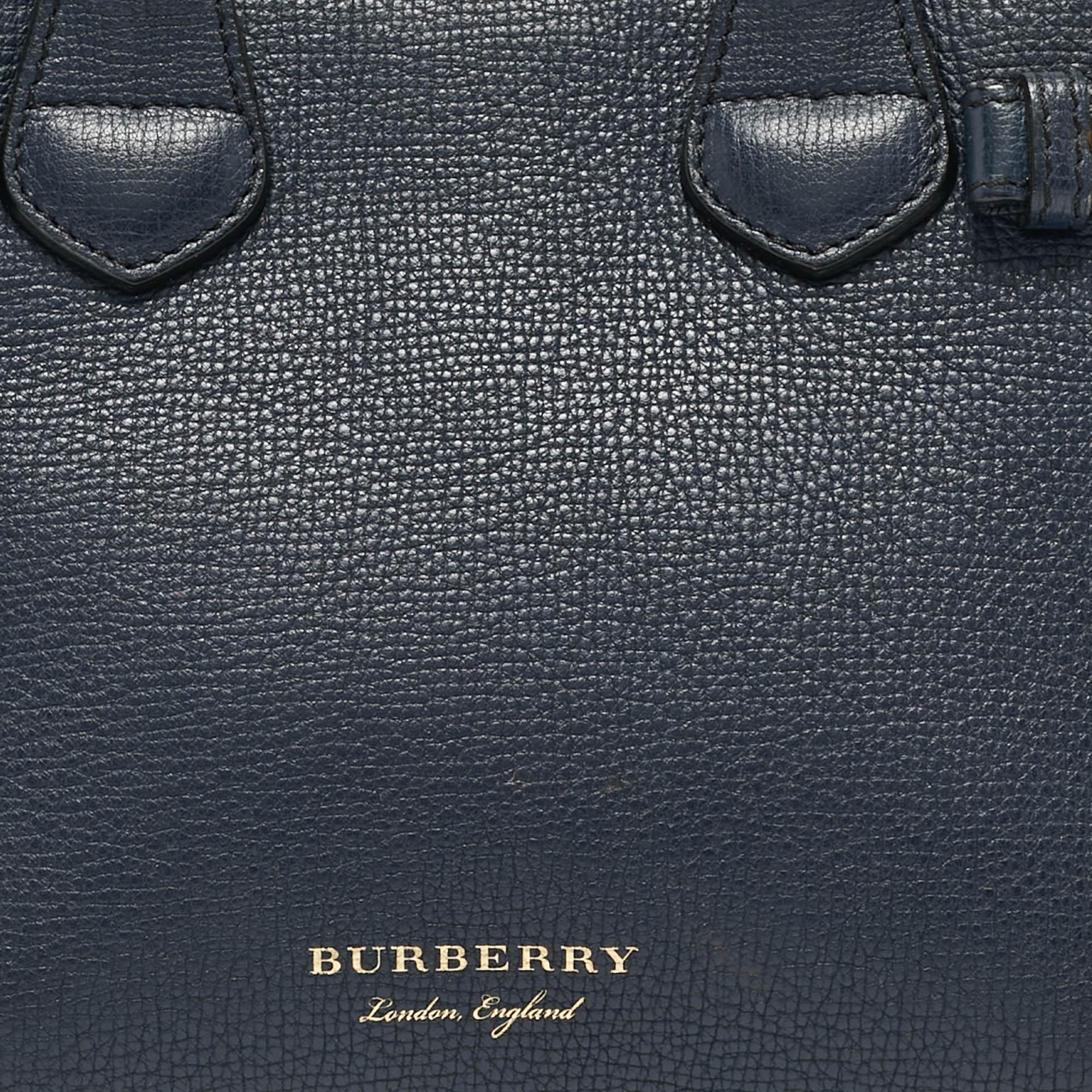 Burberry Navy Blue/Beige Leather and House Check Fabric Mini Banner Tote 1