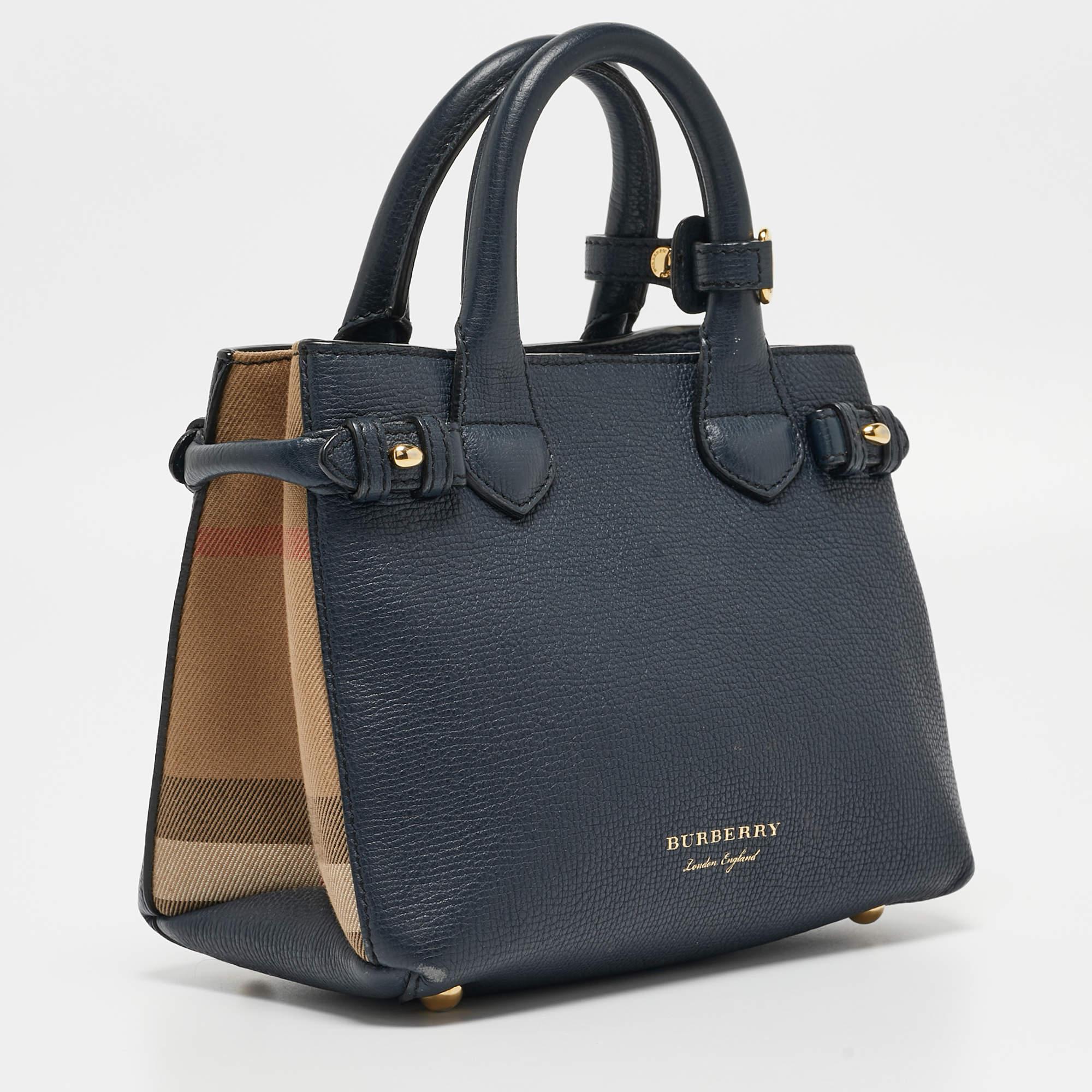 Burberry Navy Blue/Beige Leather and House Check Fabric Mini Banner Tote 2