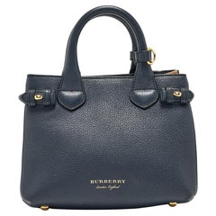Burberry Navy Blue/Beige Leather and House Check Fabric Mini Banner Tote