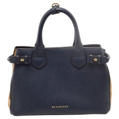 Burberry Navy Blue/Beige Leather and House Check Fabric Small Banner Tote