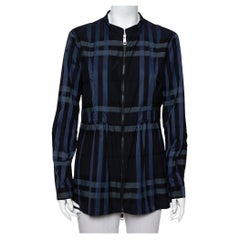 Burberry Navy Blue Checkered Cotton Zip Front Stand Collar Top M