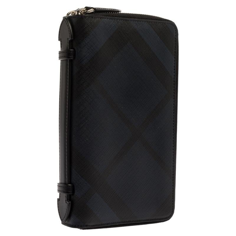 Black Burberry Navy Blue Coated Canvas Reeves Double Zip Wallet