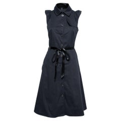 Burberry Navy Blue Cotton Button Front Belted Ruffle Cap Sleeve Dress M