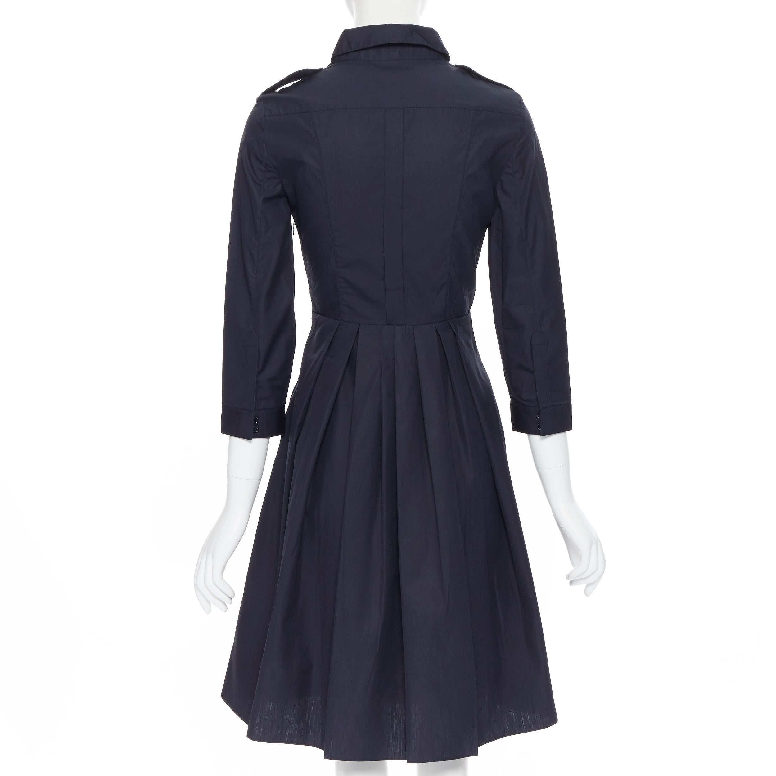 Women's BURBERRY navy blue cotton pleated skirt safari detail casual dress IT36 XS