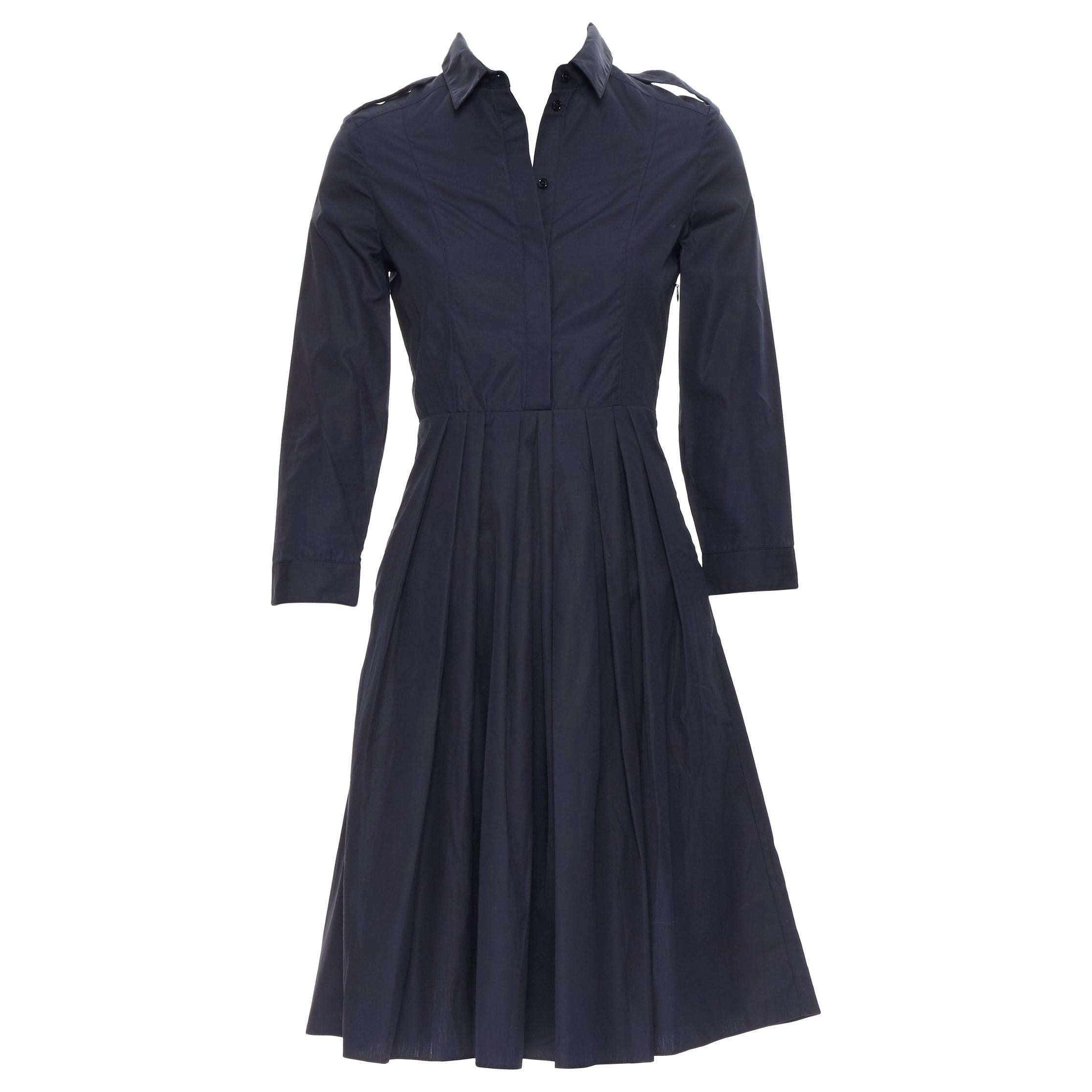BURBERRY navy blue cotton pleated skirt safari detail casual dress IT36 XS