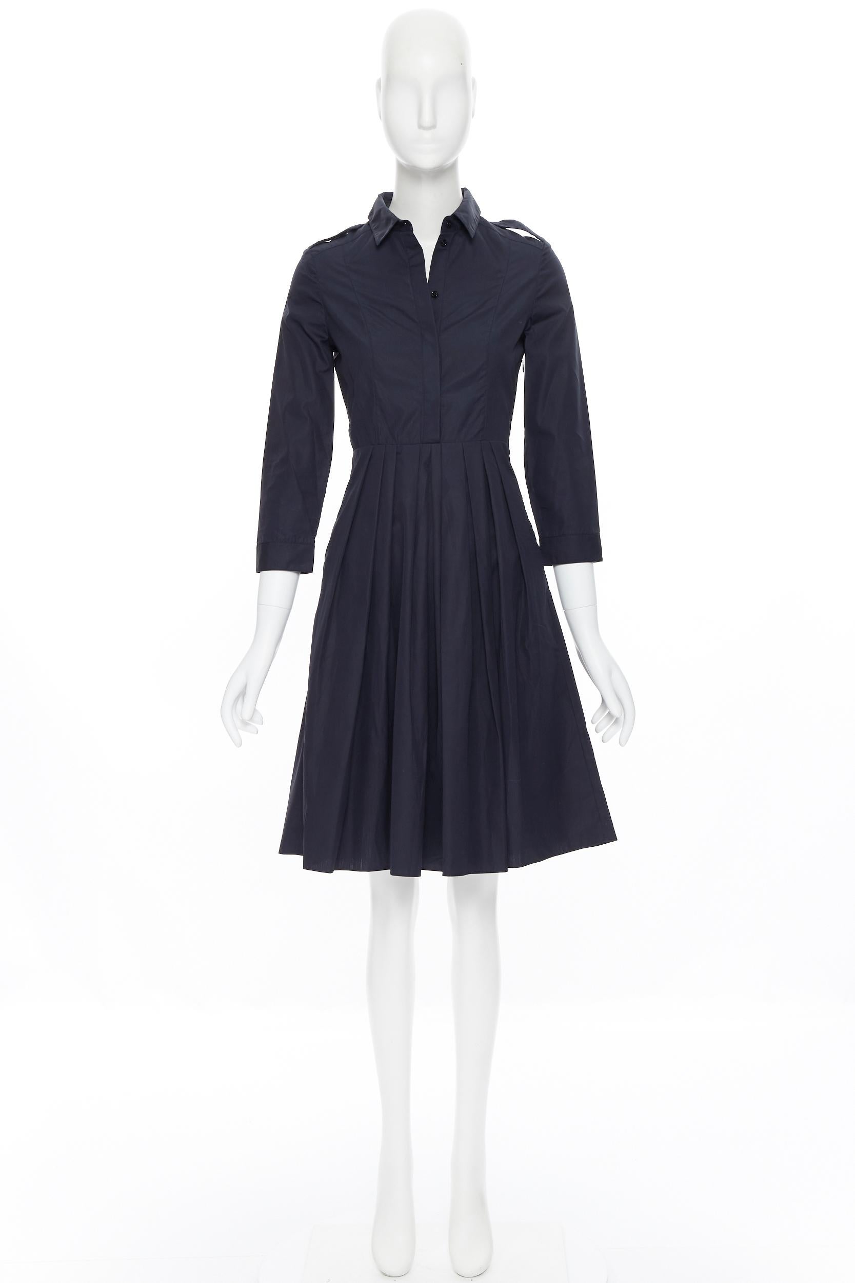 BURBERRY navy blue cotton pleated skirt safari detail flared dress UK4 XS 3