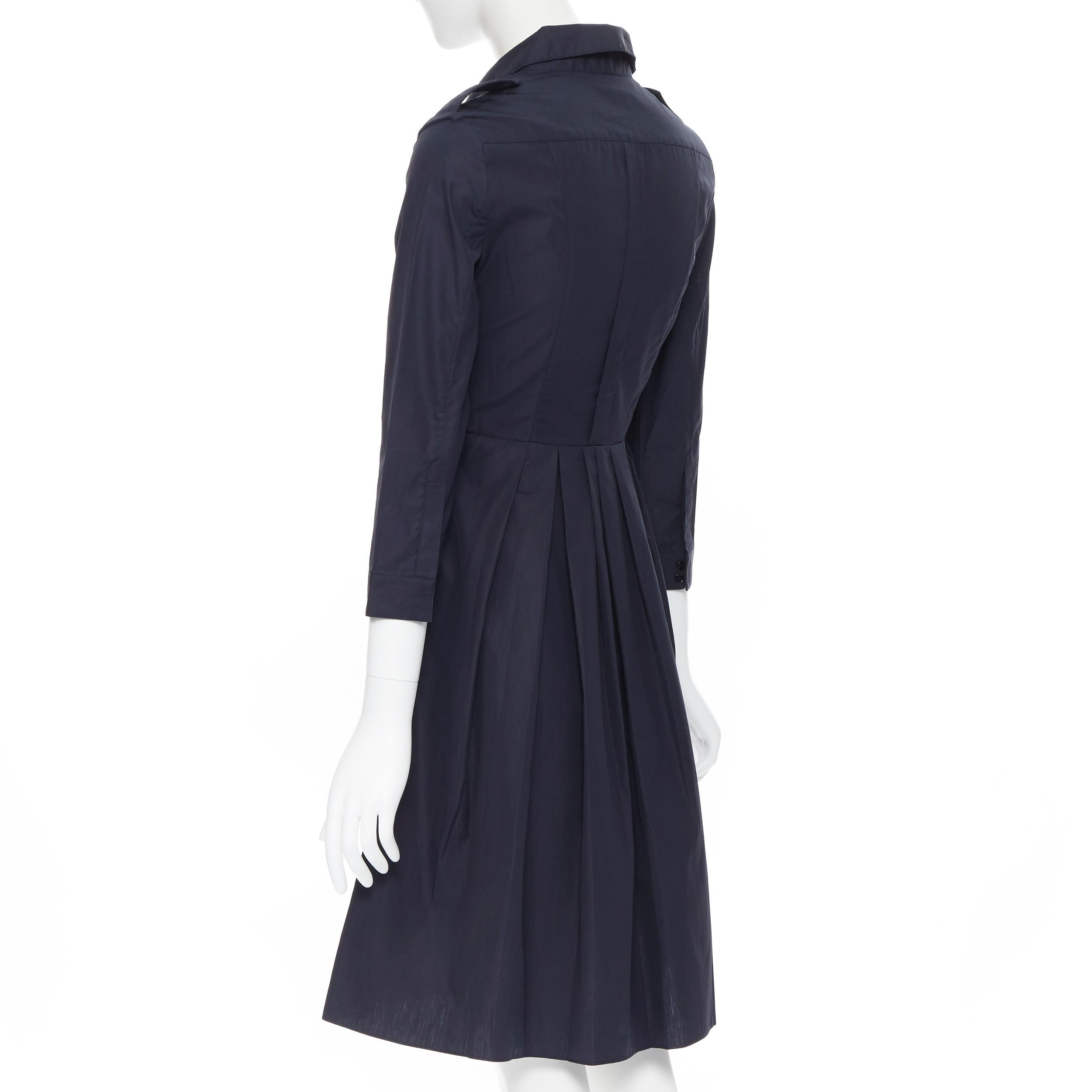 Black BURBERRY navy blue cotton pleated skirt safari detail flared dress UK4 XS