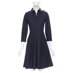 BURBERRY navy blue cotton pleated skirt safari detail flared dress UK4 XS
