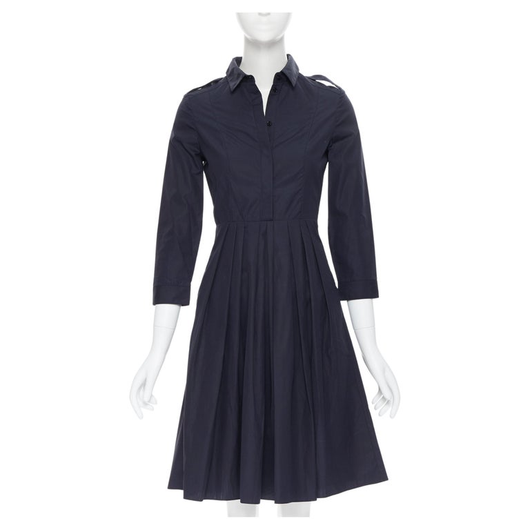 BURBERRY navy blue cotton pleated skirt safari detail flared dress UK4 ...