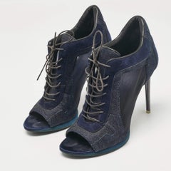 Burberry Navy Blue Denim and Suede Open Toe Booties Size 38