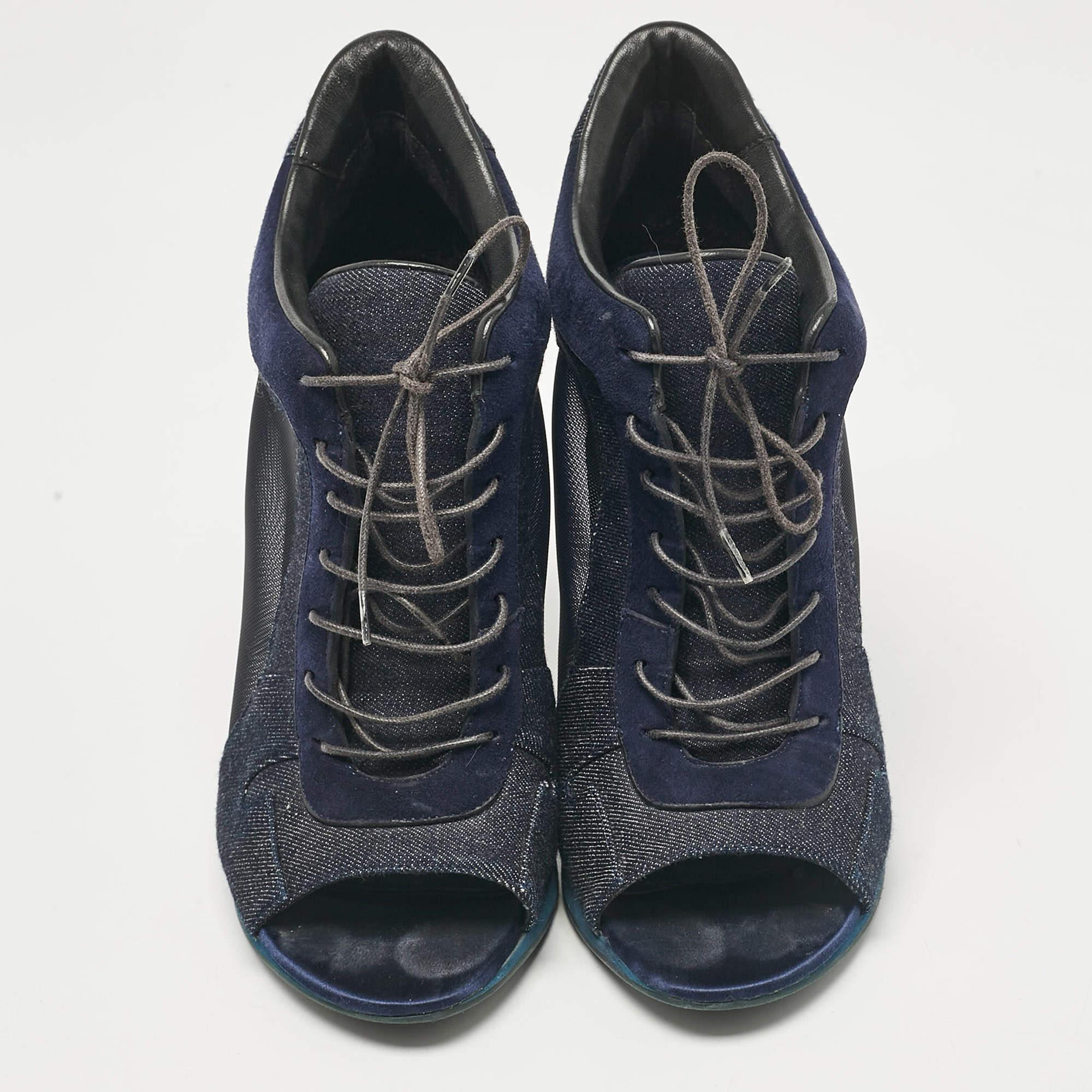 Black Burberry Navy Blue Denim and Suede Open Toe Booties Size 38 For Sale