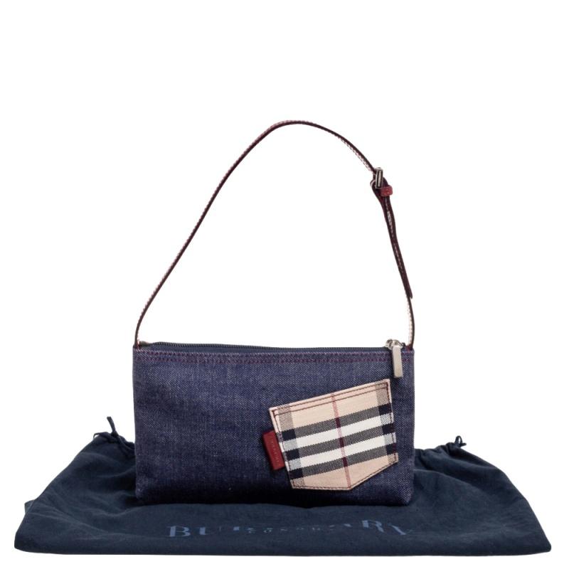 Burberry Navy Blue Denim Pocket Check Baguette Bag 4