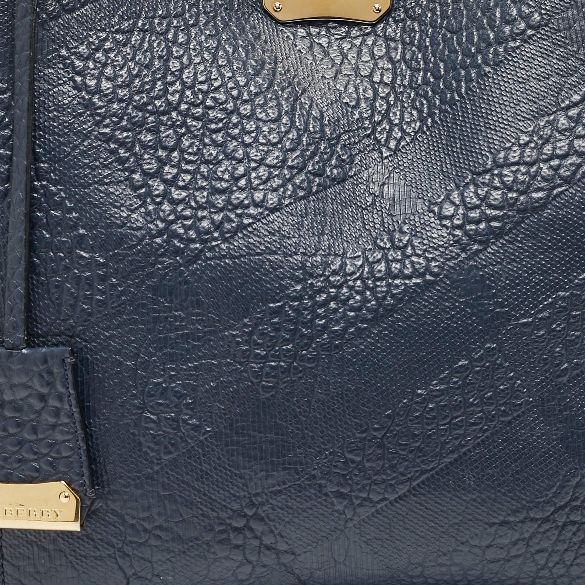 Burberry Navy Blue Embossed Leather Canterbury Tote For Sale 11