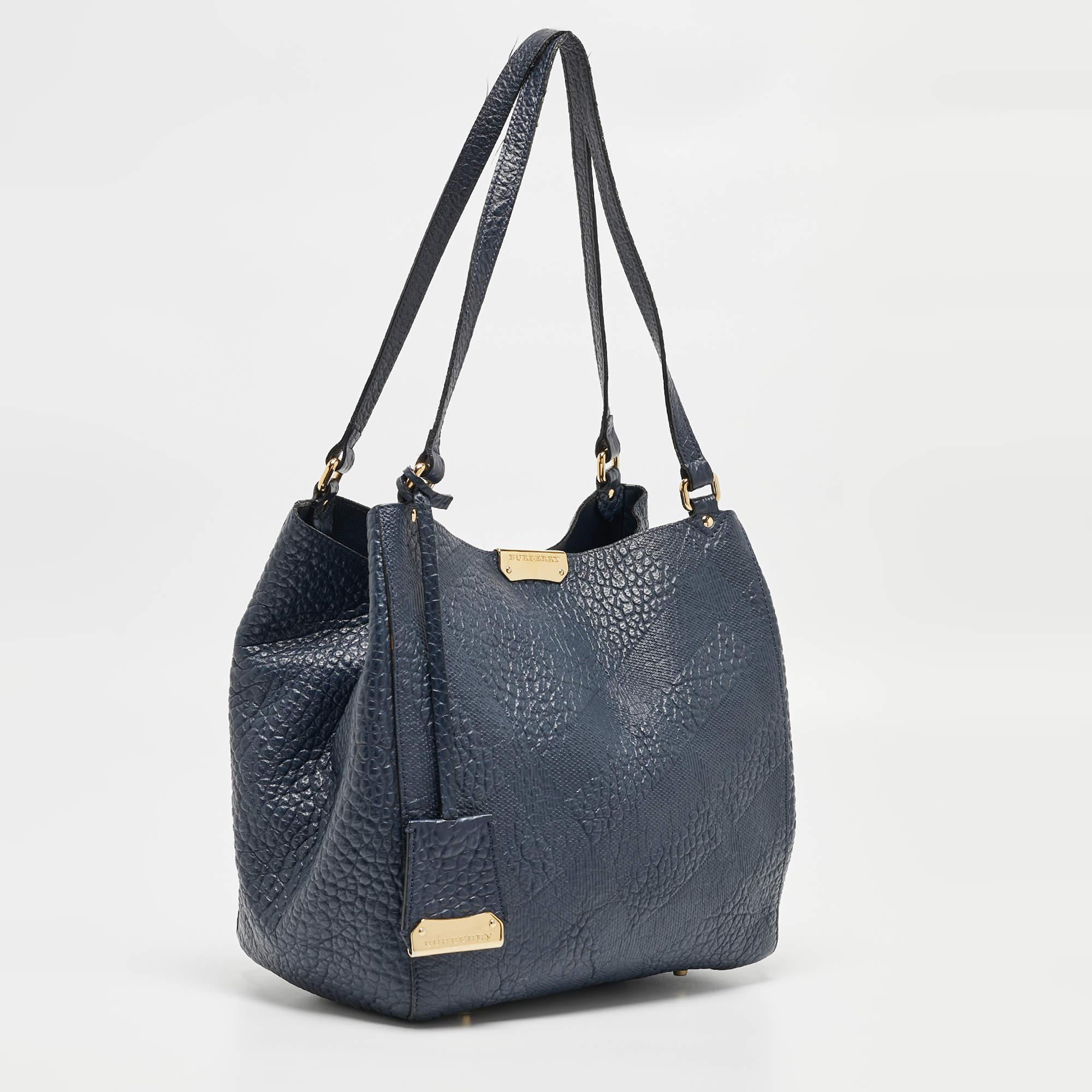 Women's Burberry Navy Blue Embossed Leather Canterbury Tote For Sale