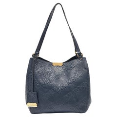 Used Burberry Navy Blue Embossed Leather Canterbury Tote