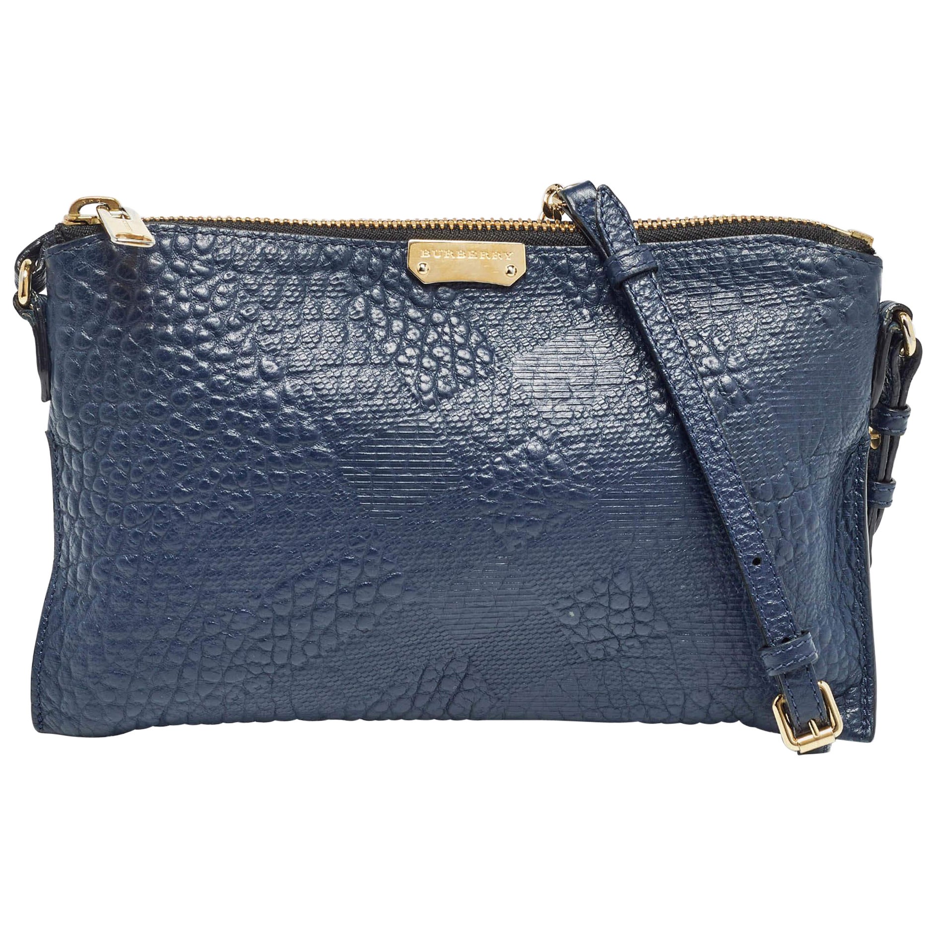 Burberry Navy Blue Grain Check Embossed Leather Peyton Crossbody Bag