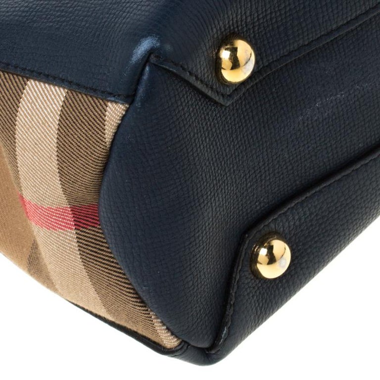 Burberry Navy Blue Leather And House Check Fabric Small Banner