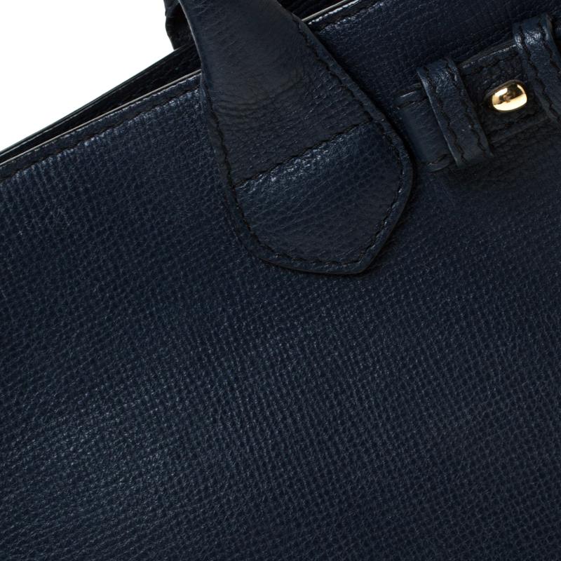 Women's Burberry Navy Blue Leather and House Check Fabric Small Banner Tote For Sale